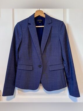 Ann Taylor Blue Grid Print One-Button Blazer